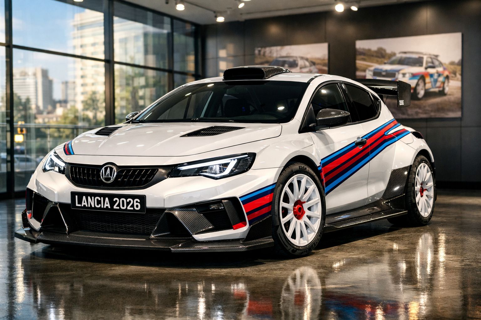 Carro de rali Lancia branco com detalhes em azul e vermelho, placa LANCIA 2026, em sala de exposições moderna.