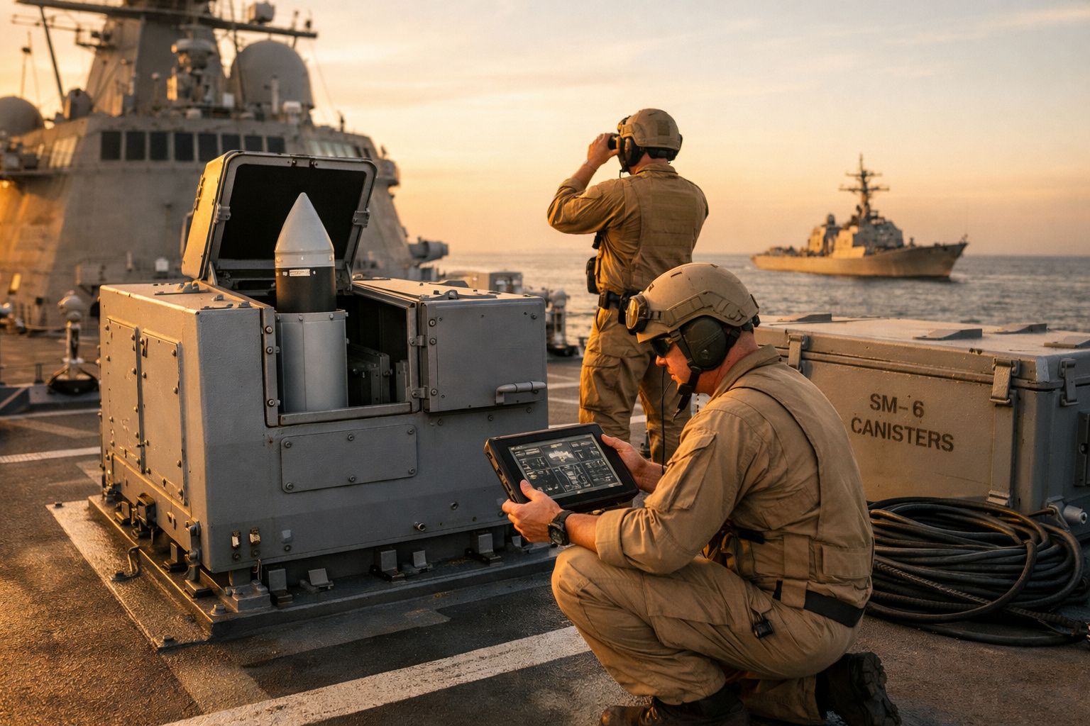 Dois militares operam sistema de defesa no convés de navio ao pôr do sol, com outro navio no mar ao fundo.