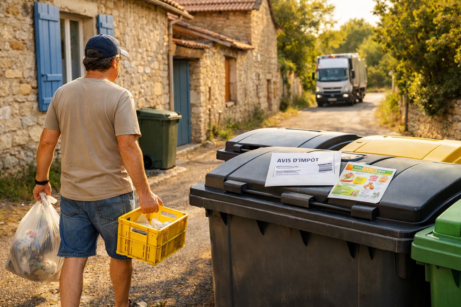 Homem com roupa casual a caminhar para contentores de lixo numa rua rural com camião de recolha ao fundo.