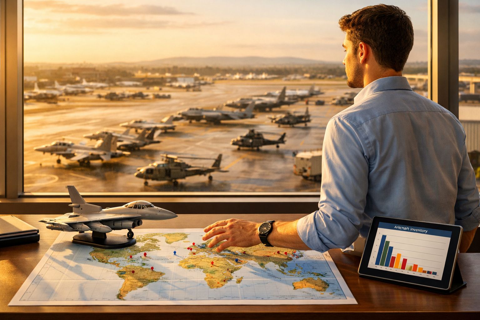 Homem observa aviões militares desde janela, com mapa e modelo de avião na mesa, ao pôr do sol.