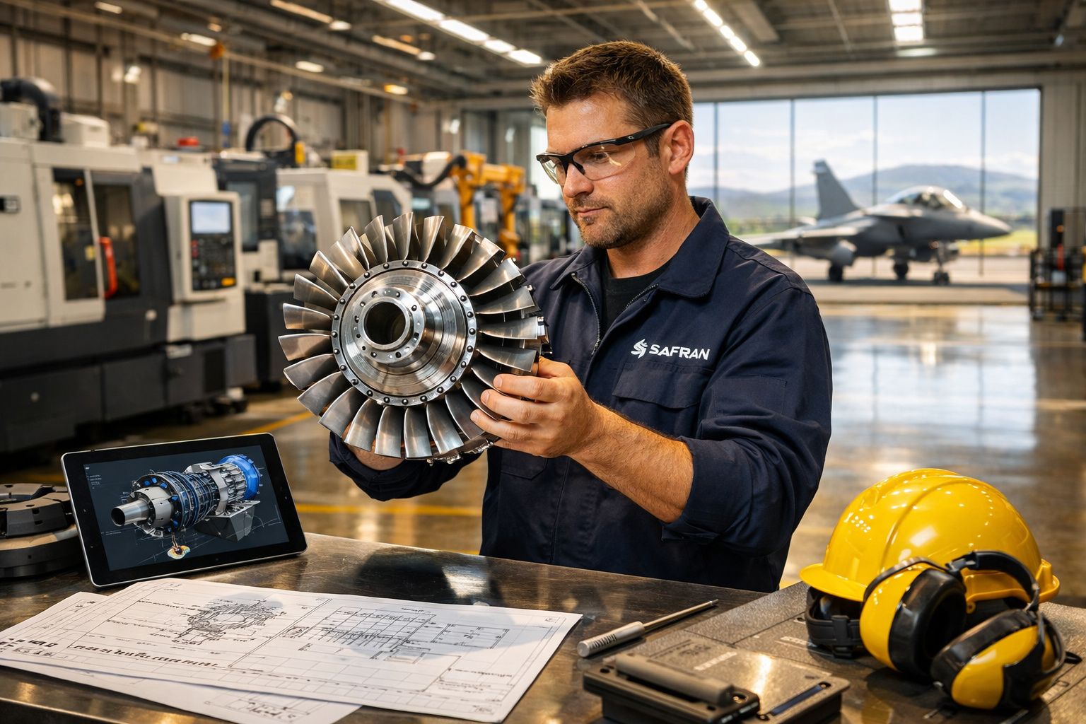 Engenheiro em oficina aeronáutica analisa componente de turbina com planta e tablet de projeto ao lado.