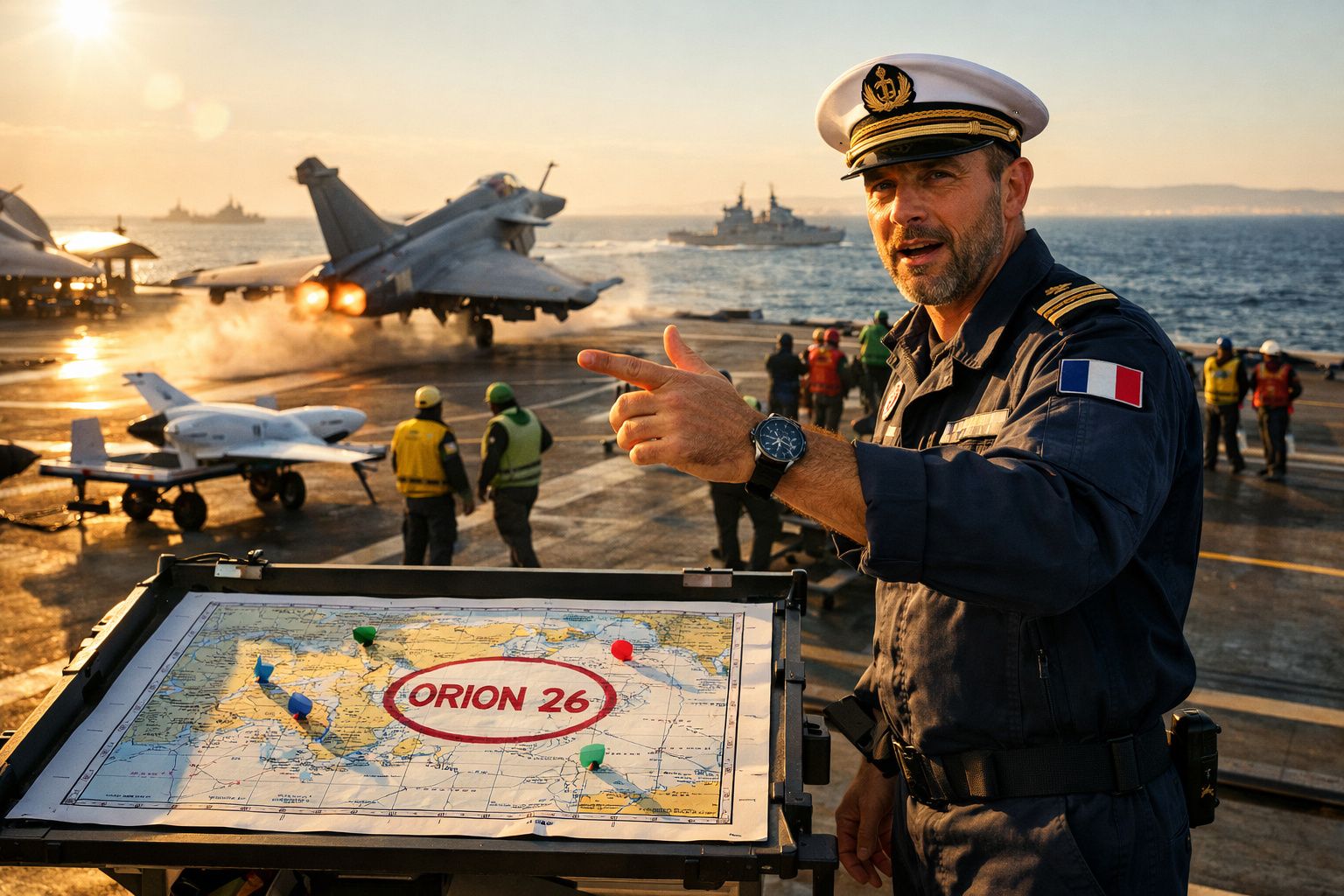 Oficial naval com farda e mapa aponta num porta-aviões, jato a levantar voo ao fundo durante pôr do sol.