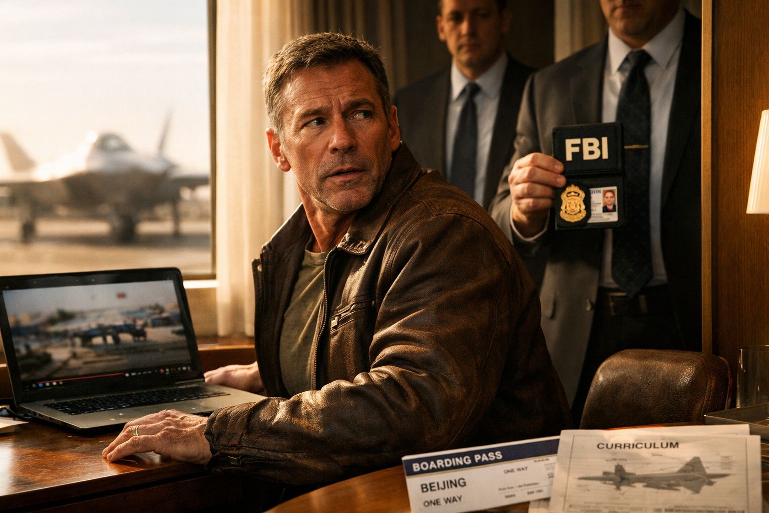 Homem numa sala com computador portátil, com um agente a mostrar uma identificação do FBI ao fundo.