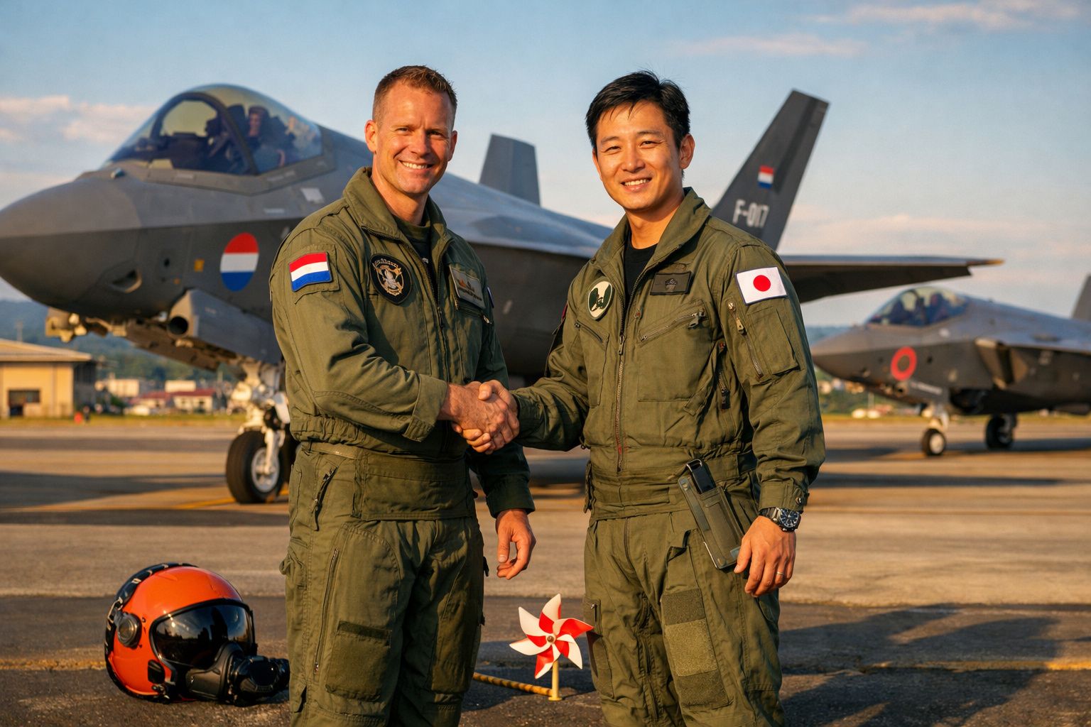 Dois pilotos militares em fato de voo cumprimentam-se com aperto de mão junto a caças F-35 no aeroporto.