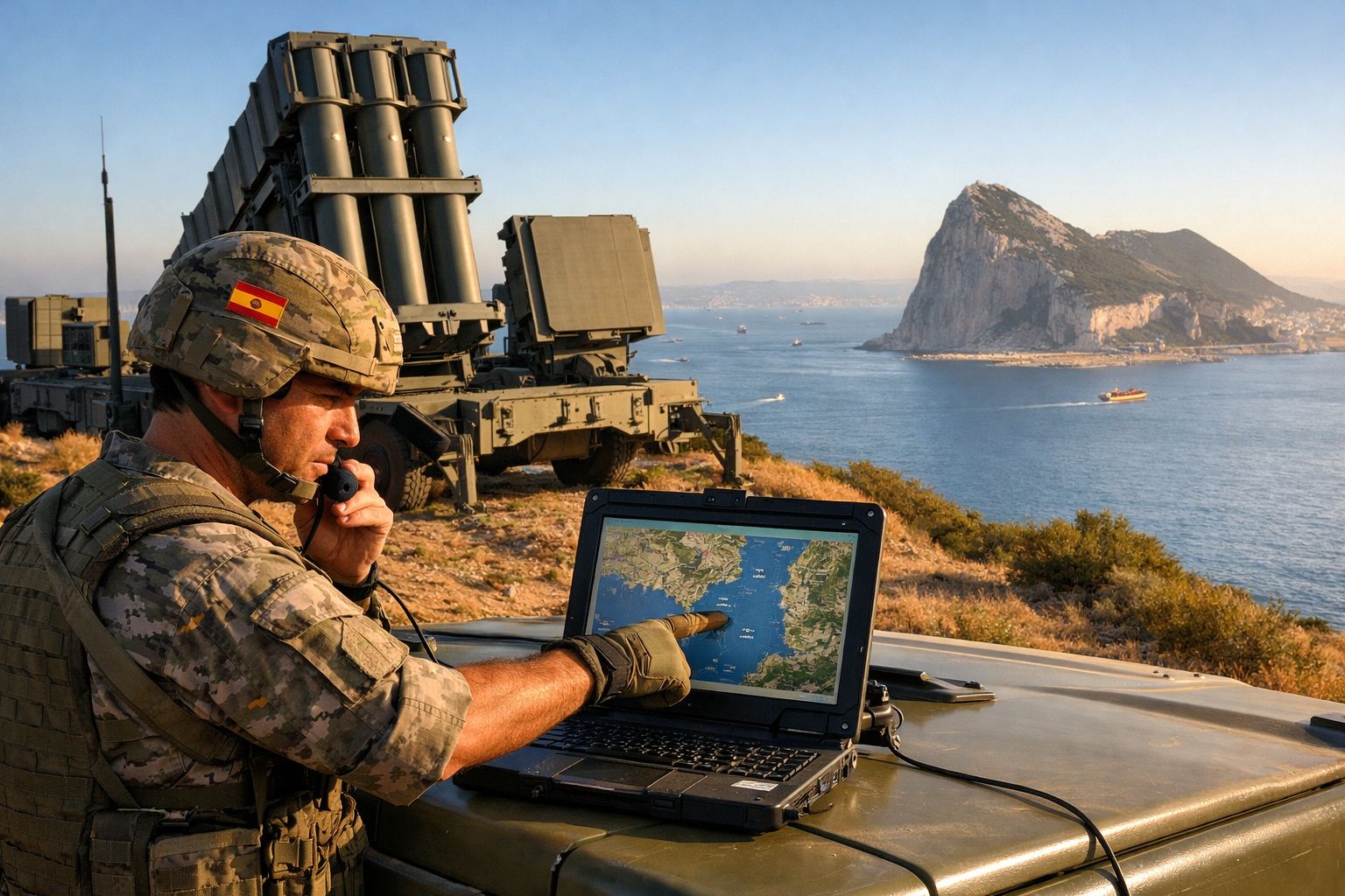 Soldado espanhol em equipamento militar aponta para mapa no portátil com vista para o Estreito de Gibraltar.