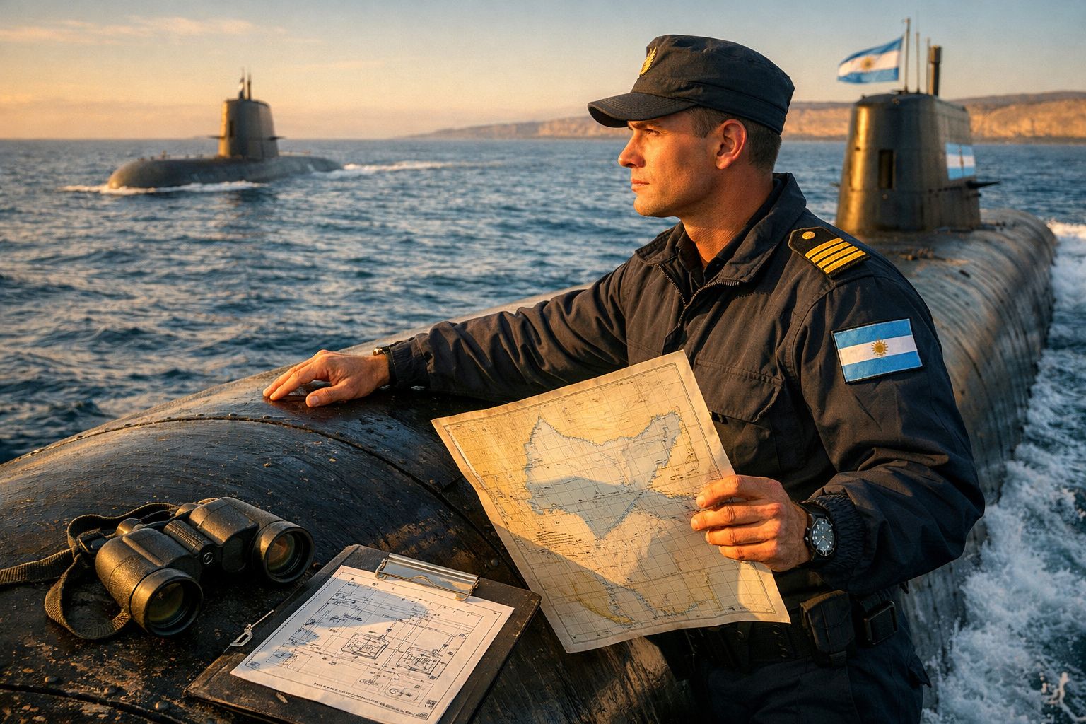Oficial naval argentino com mapa e binóculos a bordo de submarino no mar ao pôr do sol.