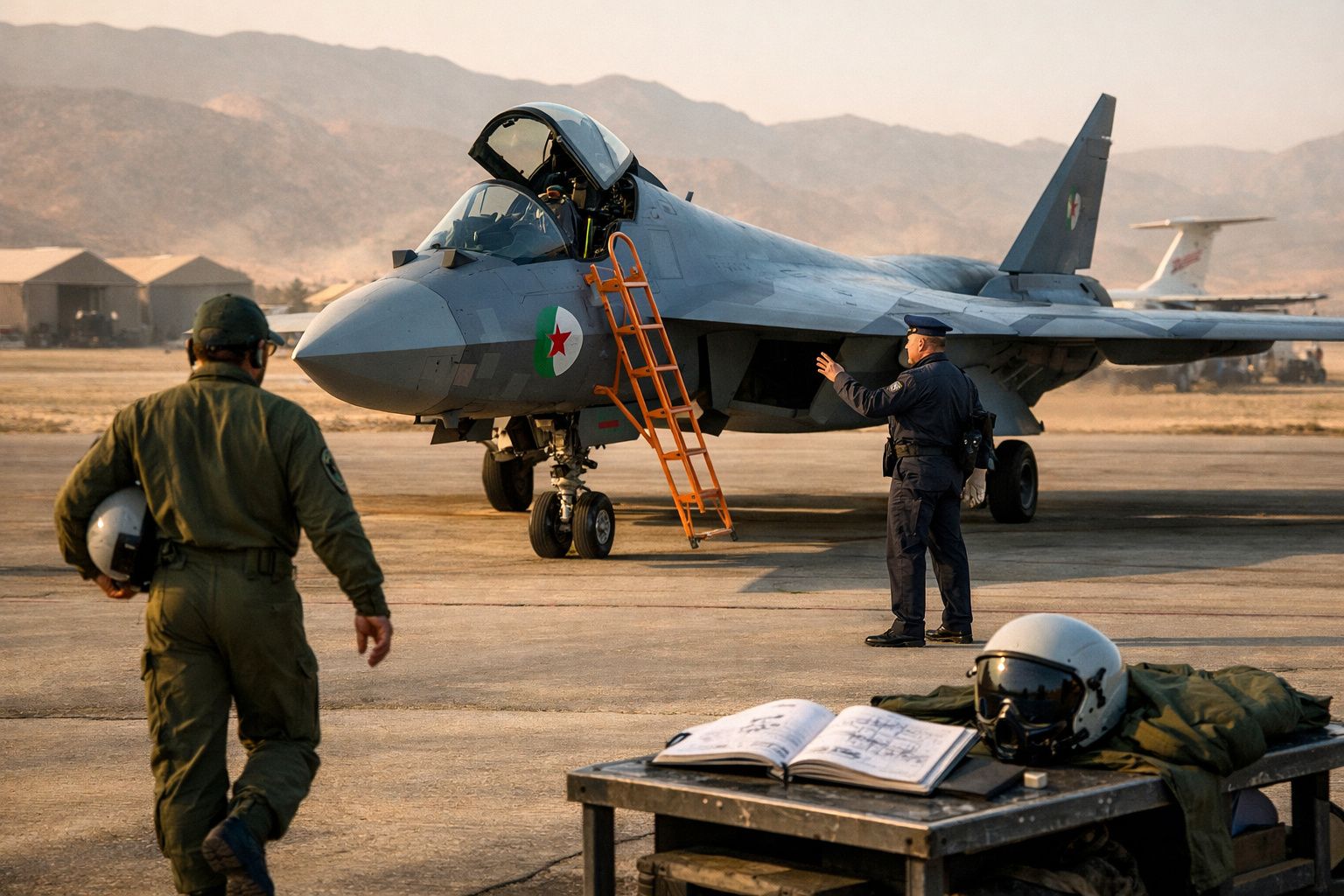 Avião de combate numa pista com piloto na escada, outro militar a aproximar-se e capacete com manual em mesa.