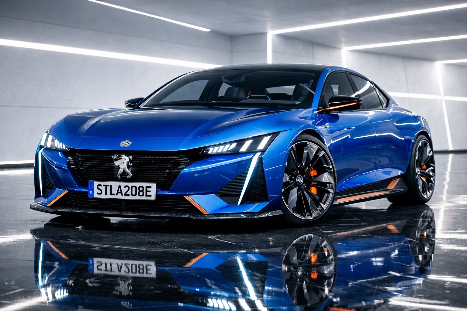 Peugeot elétrico esportivo azul com detalhes laranja, refletido em chão brilhante num ambiente futurista iluminado.