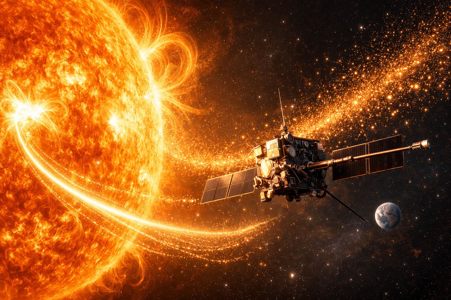 Imagem do Sol com filamento solar e uma sonda espacial próxima, com a Terra ao fundo no espaço.