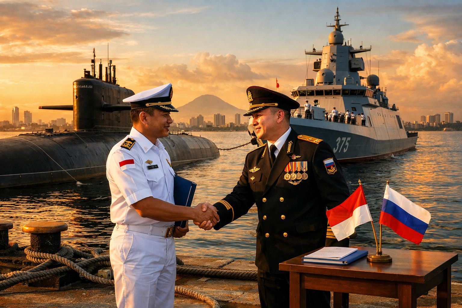 Dois oficiais navais a cumprimentarem-se num porto, com submarino e navio de guerra ao fundo ao pôr do sol.