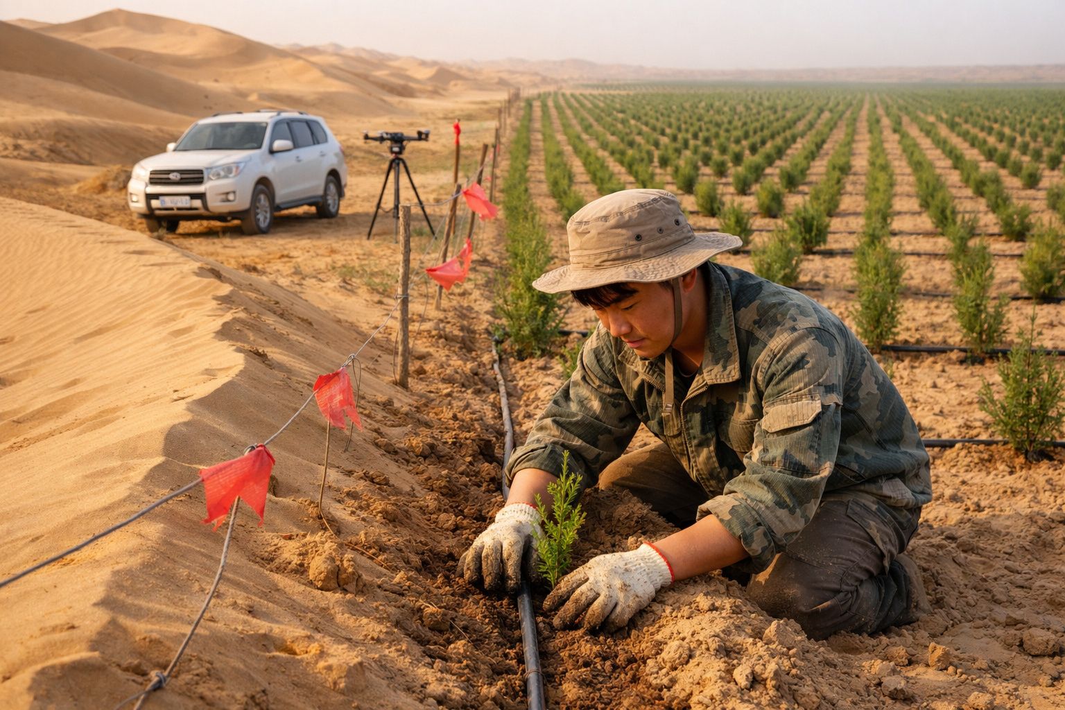 Homem a plantar árvores numa área desértica com rega gota a gota e um veículo branco ao fundo.