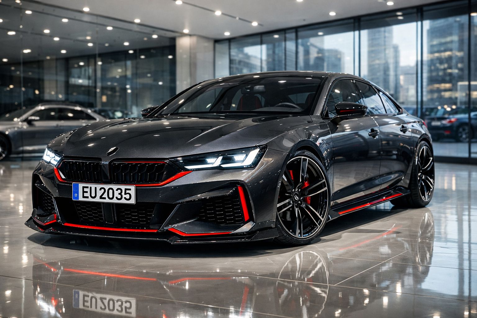 Carro desportivo cinza escuro com detalhes vermelhos em exposição num showroom moderno com grandes janelas.