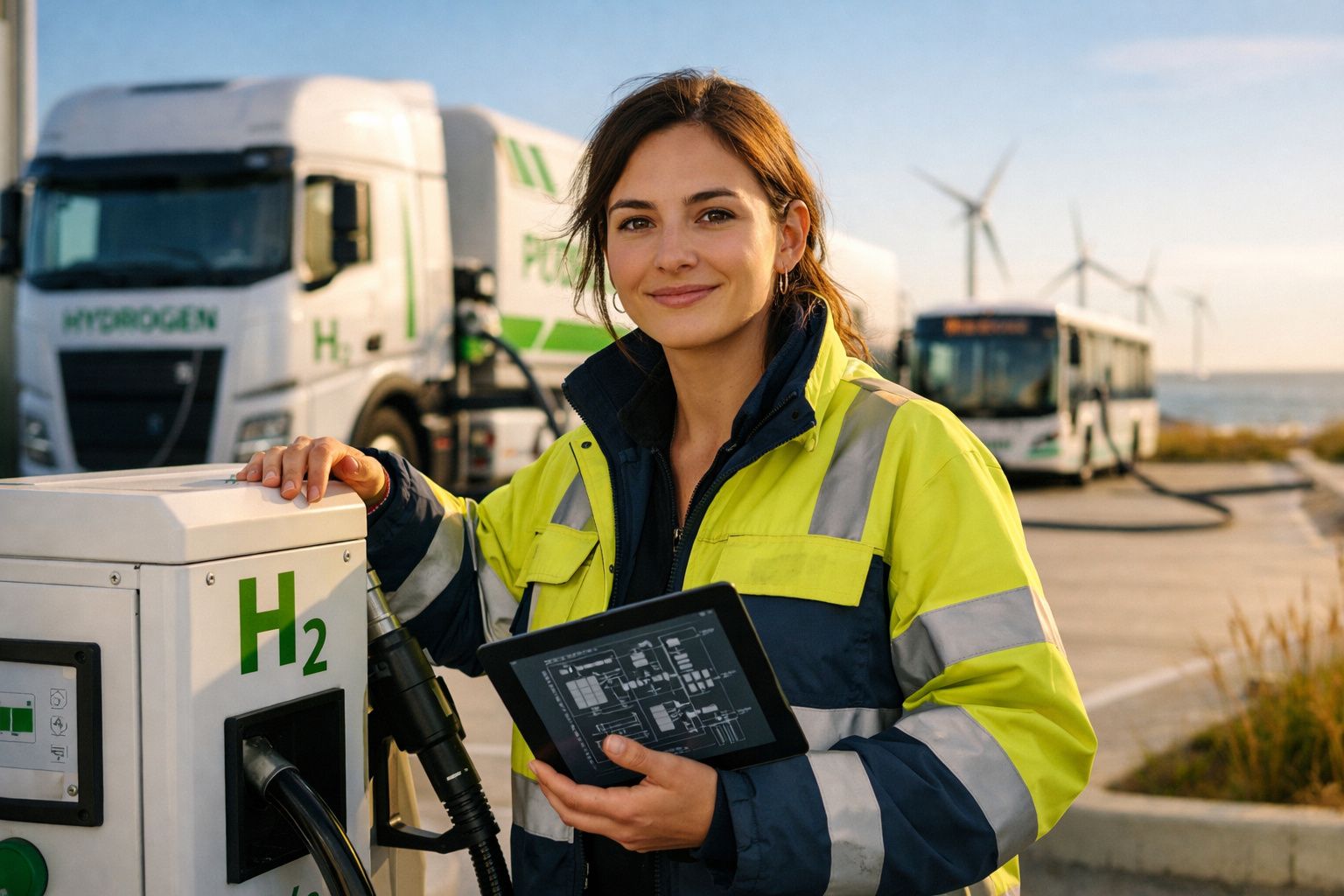 Mulher com equipamento de segurança junto a posto de abastecimento de camião a hidrogénio, com eólicas ao fundo.