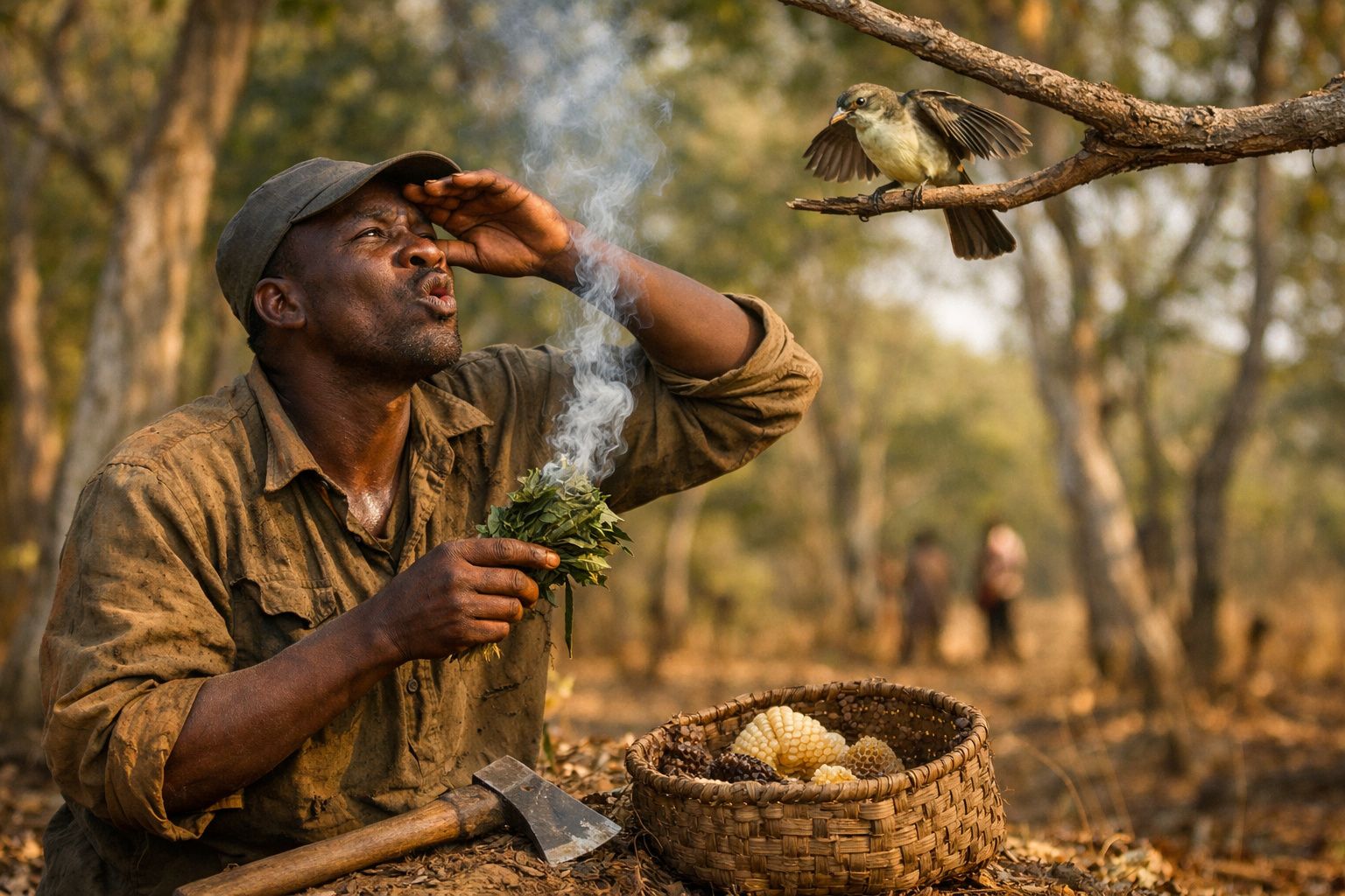 Homem fuma ervas e observa pássaro na floresta junto a cesto com milho e abelhas.