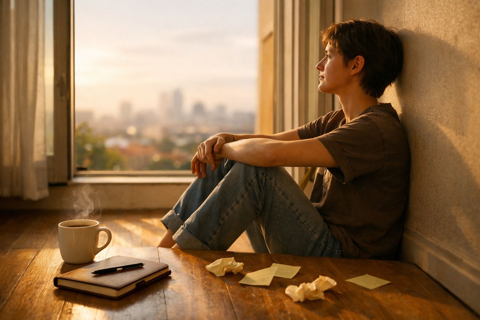 Pessoa sentada no chão junto a uma janela, olhando para o exterior, com caderno, caneta, notas e chá quente.