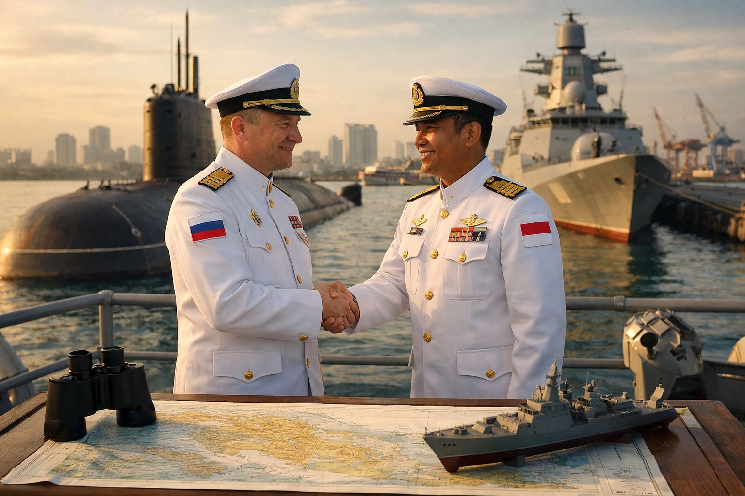 Dois oficiais navais de diferentes países apertam as mãos a bordo de um navio, com submarino e fragata ao fundo.