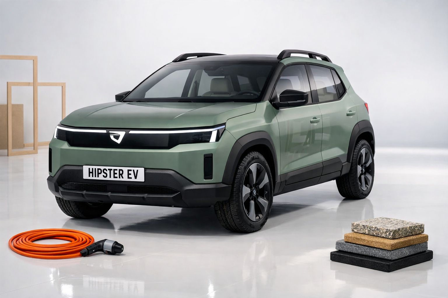 Carro elétrico verde Hipster EV estacionado em espaço branco com cabo de carregamento alaranjado e amostras de materiais.