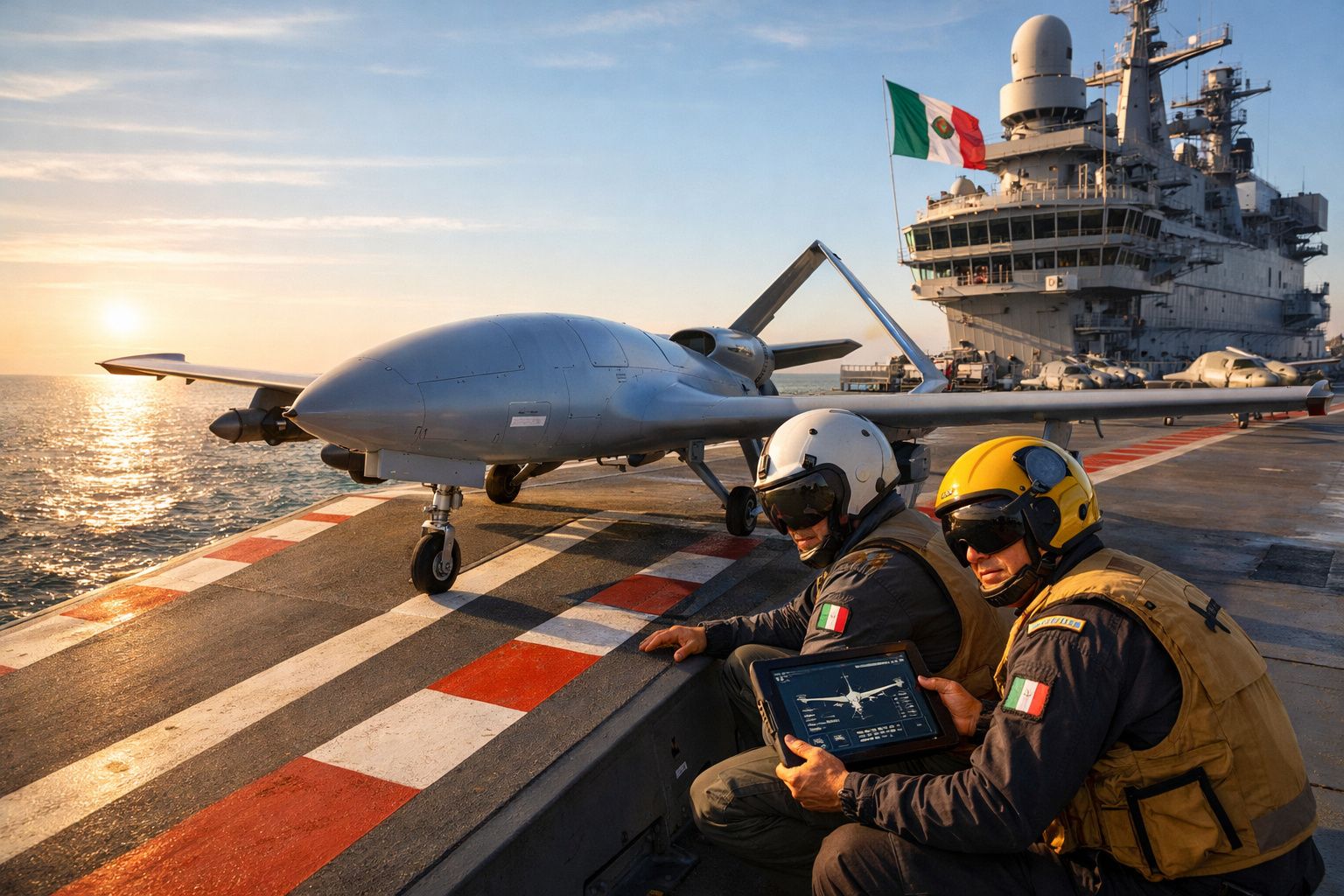 Drones militares e dois homens com equipamento tático num porta-aviões ao pôr do sol com bandeira do México.