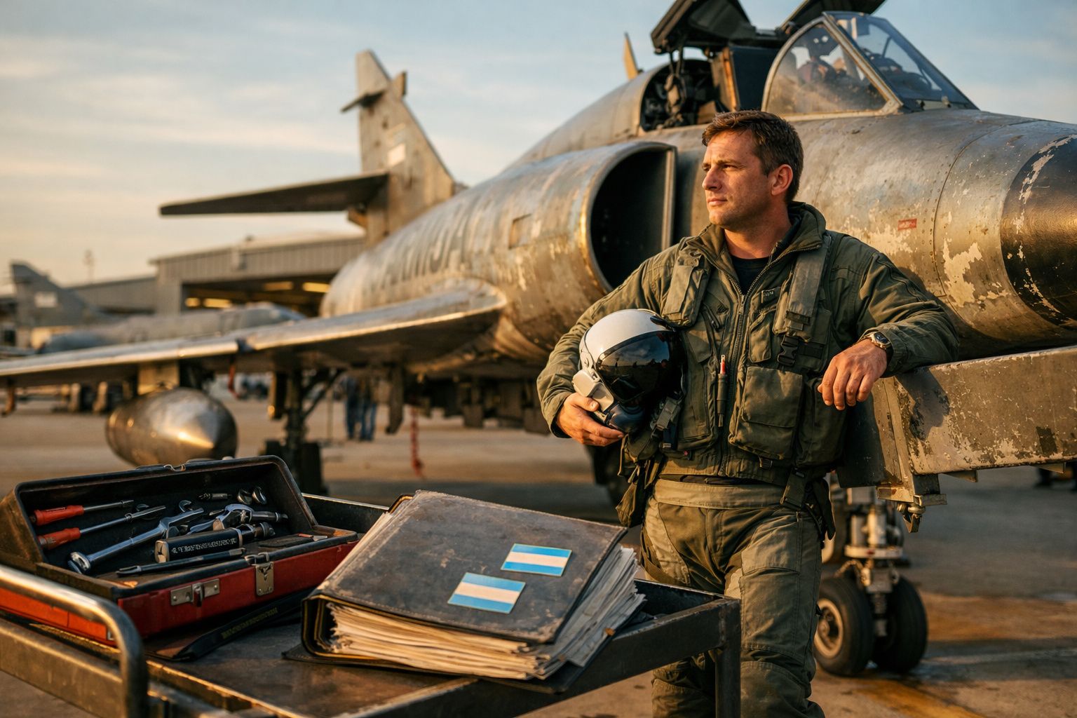 Piloto militar com fato de voo e capacete, encostado num caça cinzento num aeródromo ao pôr do sol.