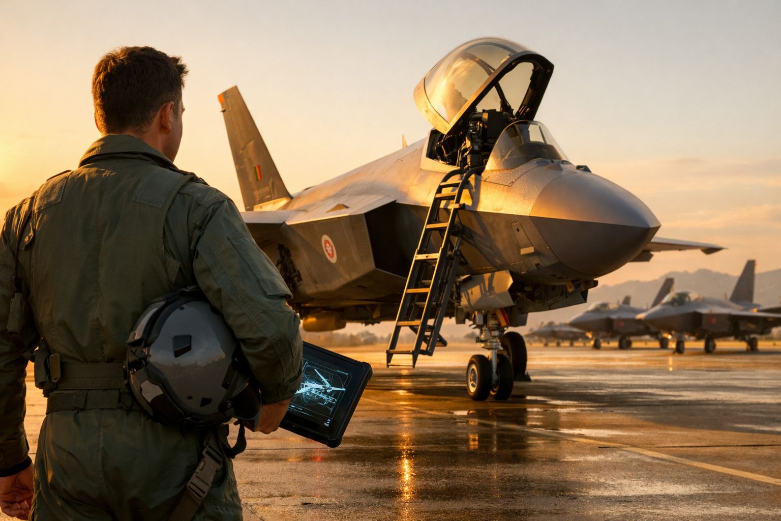 Piloto militar com fato verde, capacete e tablet observa caça na pista ao pôr do sol.