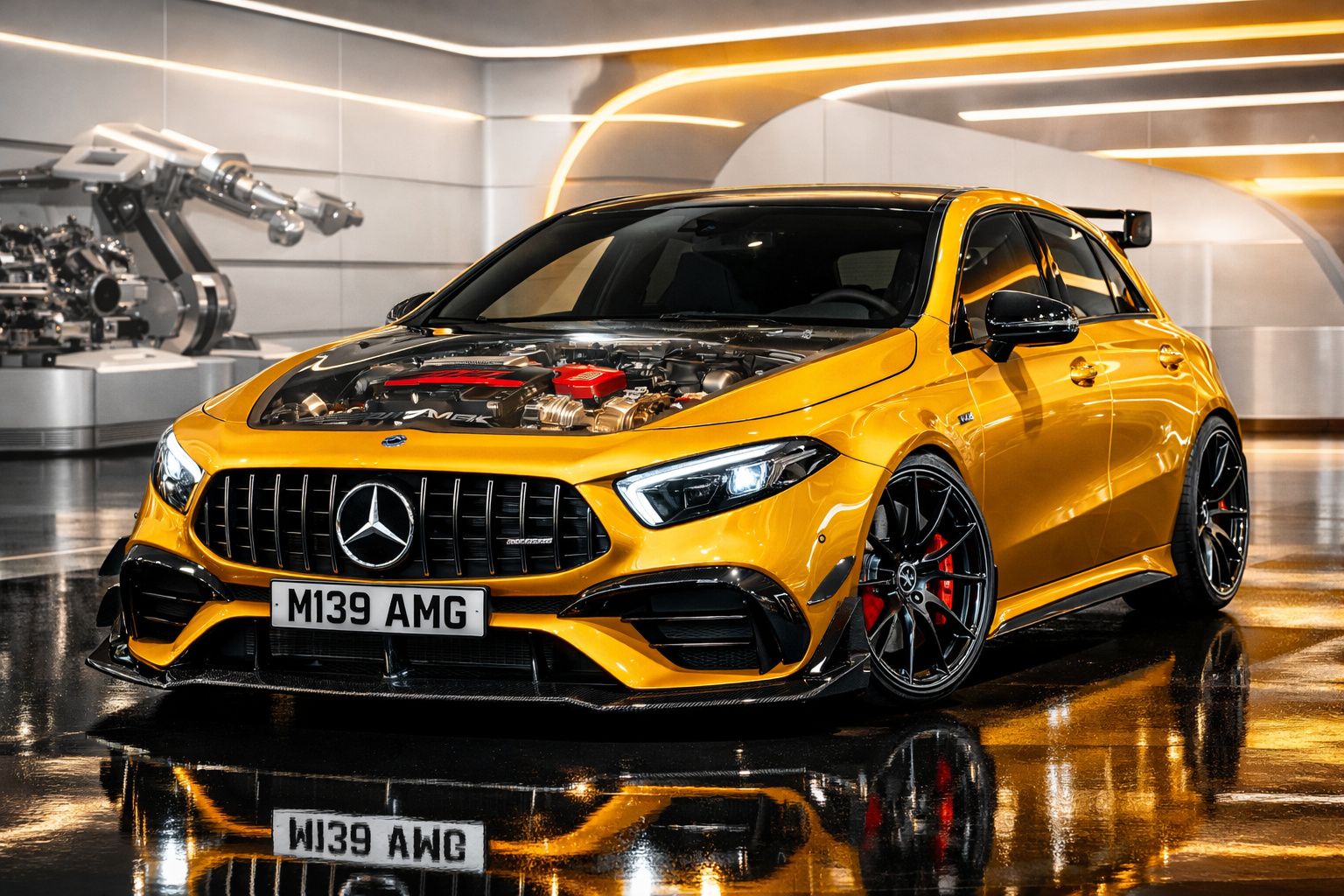 Carro desportivo Mercedes-Benz AMG amarelo com capot transparente revelando motor, estacionado em garagem moderna.