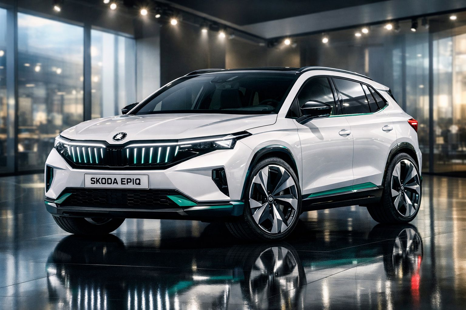 Automóvel elétrico SUV Skoda Epiq branco com detalhes em verde num showroom moderno.
