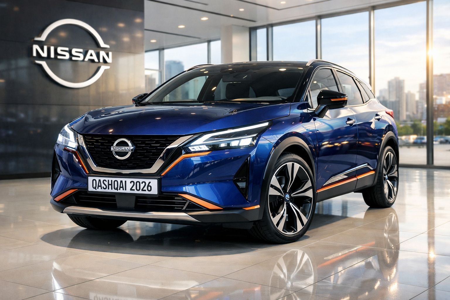 Carro azul Nissan Qashqai 2026 exibido em showroom moderno com grandes janelas e vista urbana.