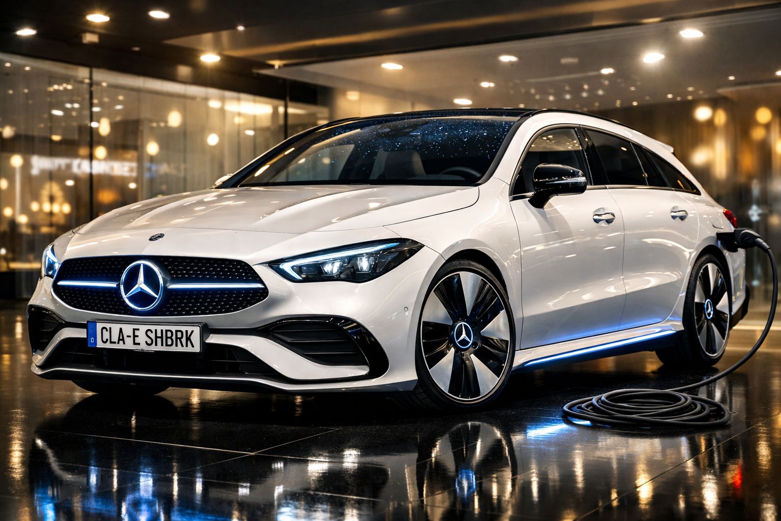 Carro elétrico Mercedes-Benz branco a carregar numa estação de carregamento interior iluminada.