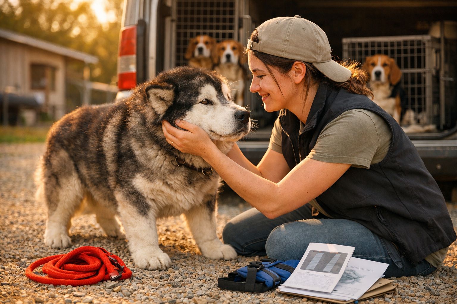 Mulher com boné acaricia cão grande e peludo junto a carrinha com cães em caixas ao fundo.