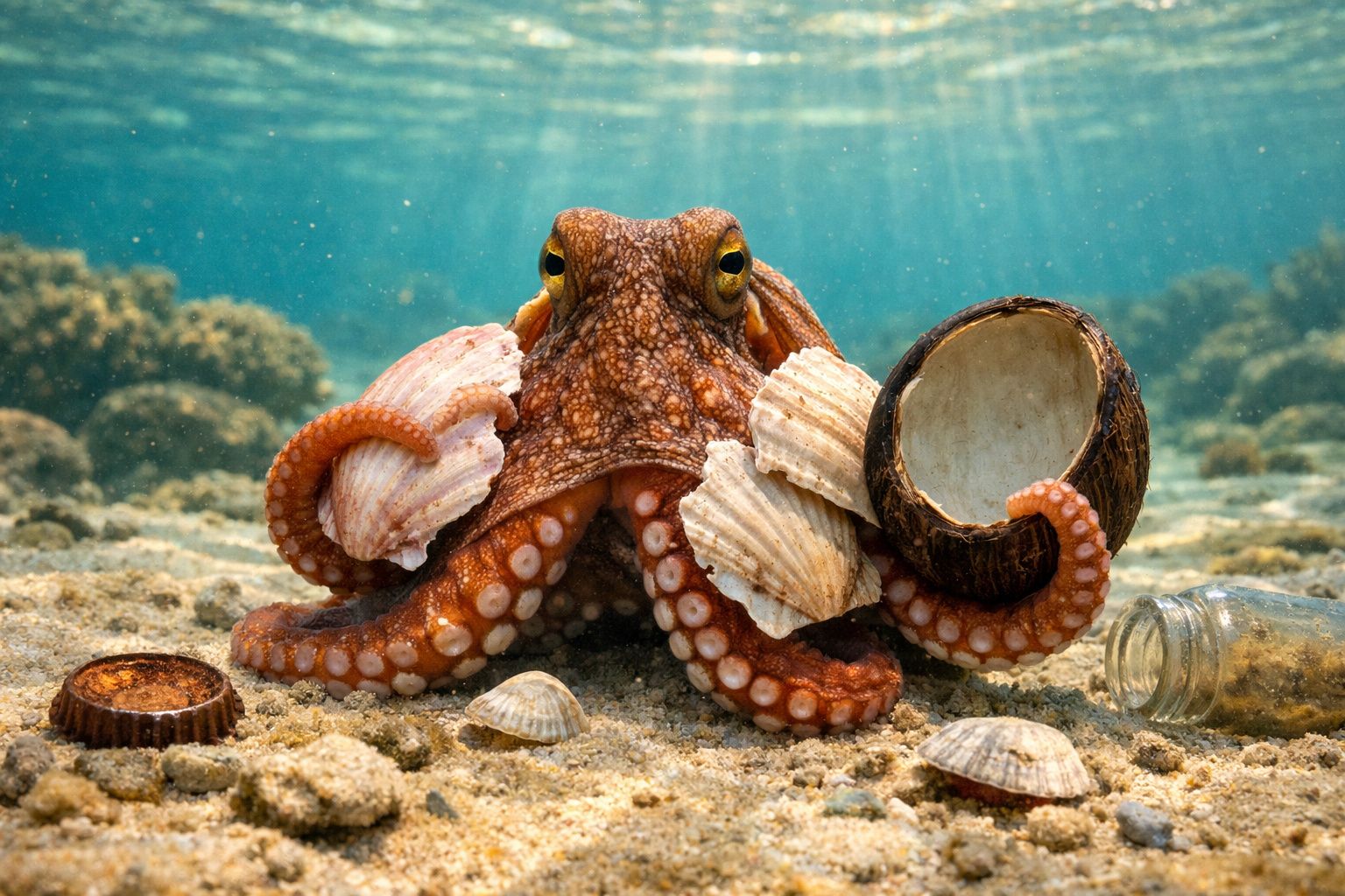 Polvo no fundo do mar segurando conchas, uma metade de coco e rodeado de lixo marinho.