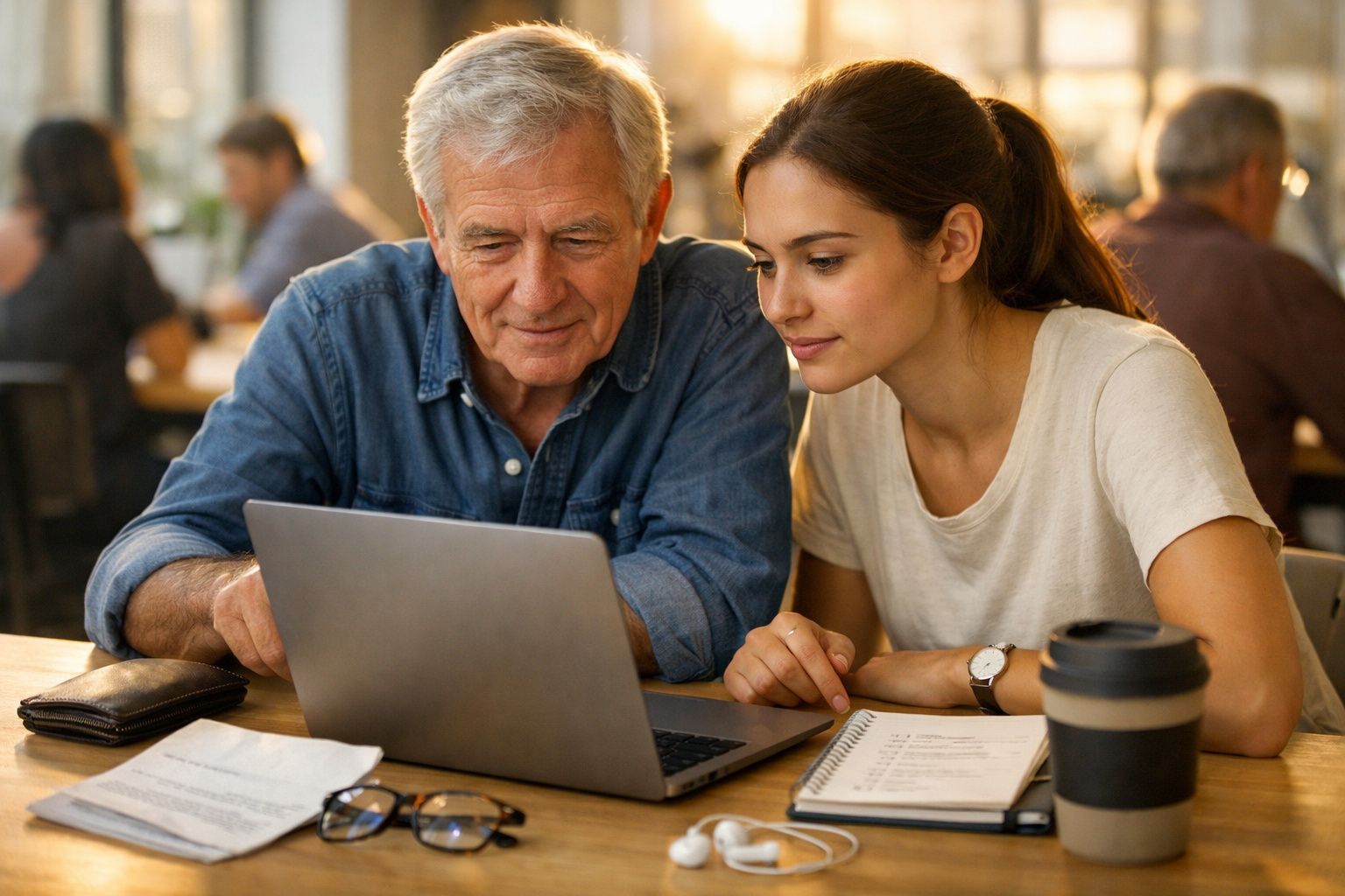 Homem idoso e mulher jovem sentados juntos num café, a olhar atentos para um computador portátil.