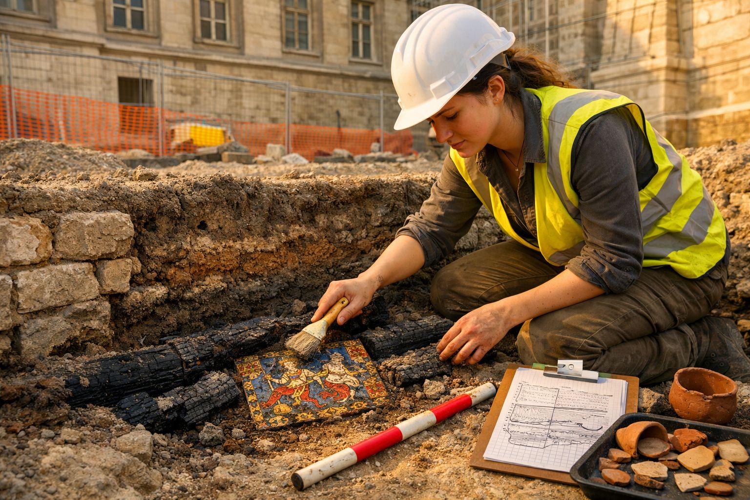 Arqueóloga com colete e capacete a limpar mosaico antigo numa escavação arqueológica.