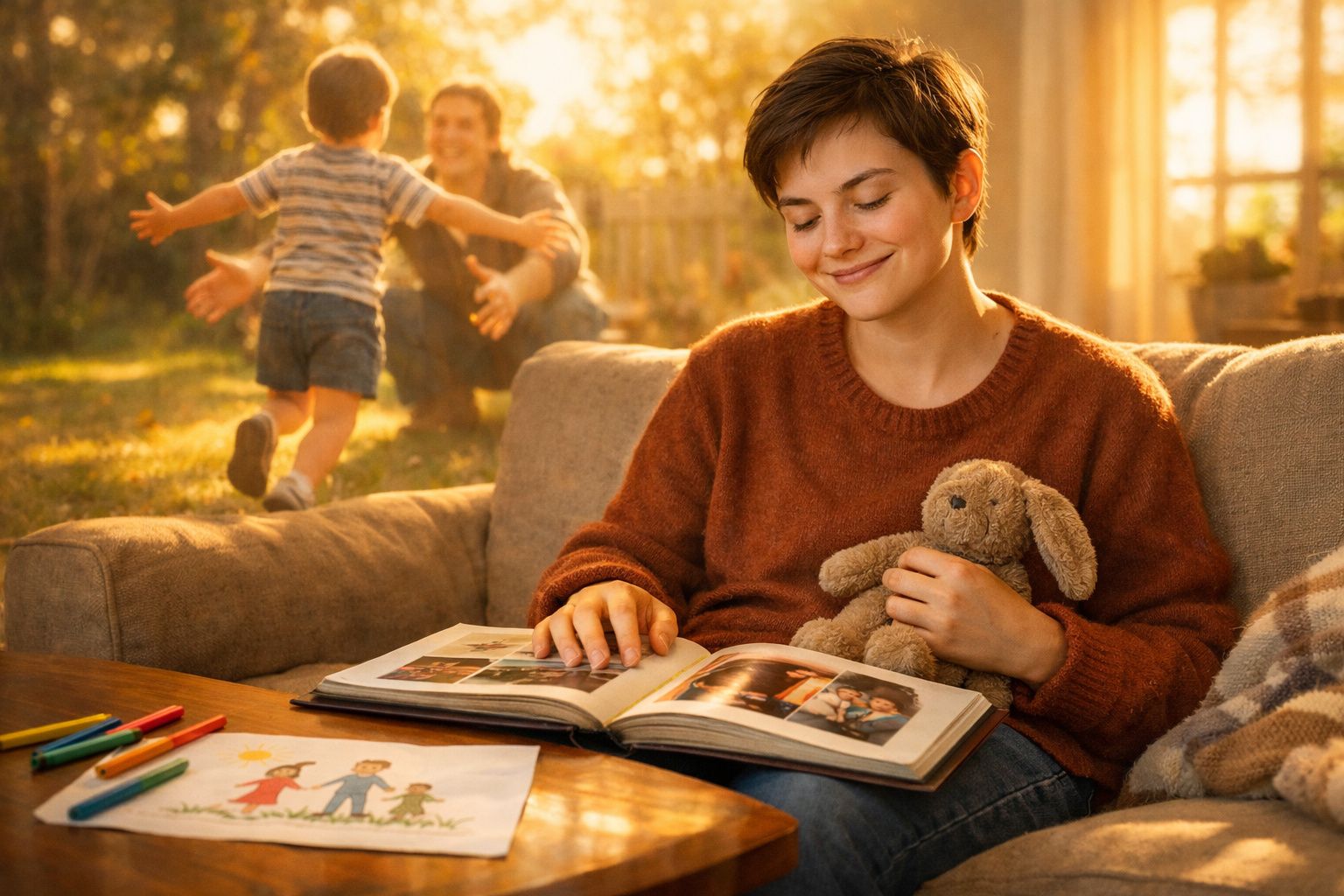 Jovem sorridente com ursinho de peluche a folhear álbum de fotografias, enquanto criança corre ao encontro de adulto ao fundo