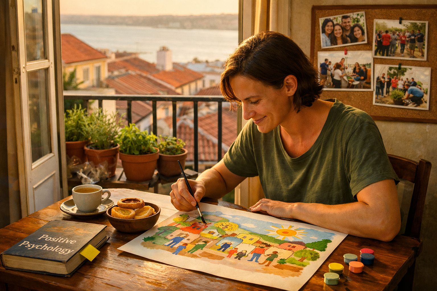 Mulher a pintar quadro colorido numa mesa junto à janela com planta, pastel de nata e livro de psicologia.