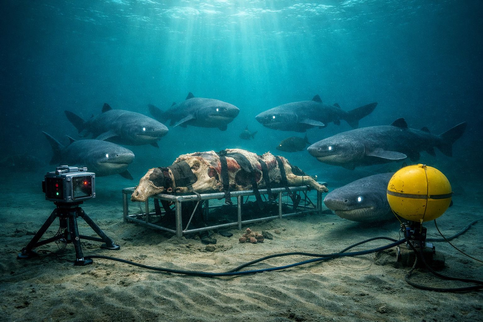 Tubarões gigantes com olhos brilhantes rodeiam veículo e estrutura metálica com carrinha morta no fundo do mar.