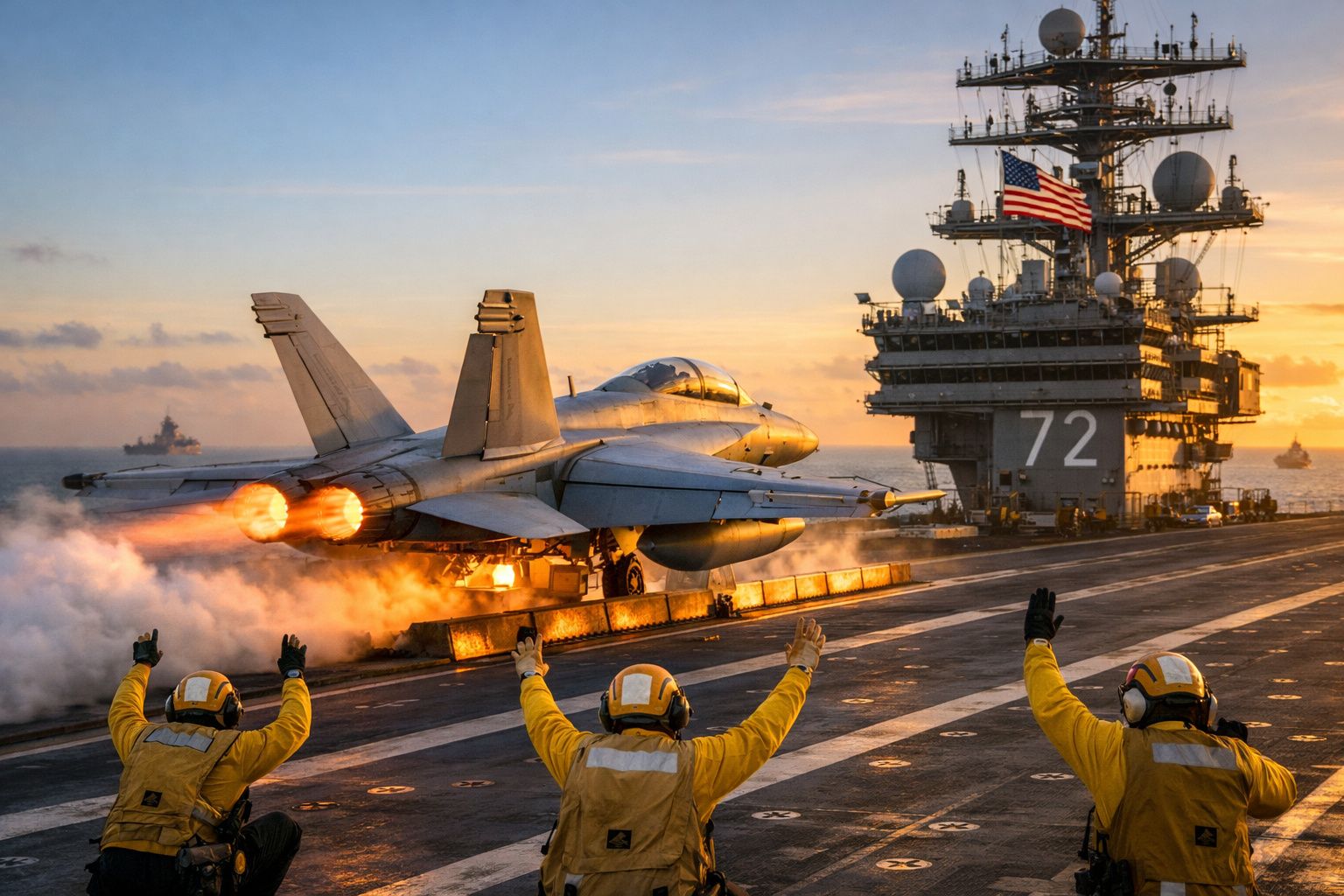 Caça militar a descolar de porta-aviões com tripulantes a sinalizar no convés ao pôr do sol.