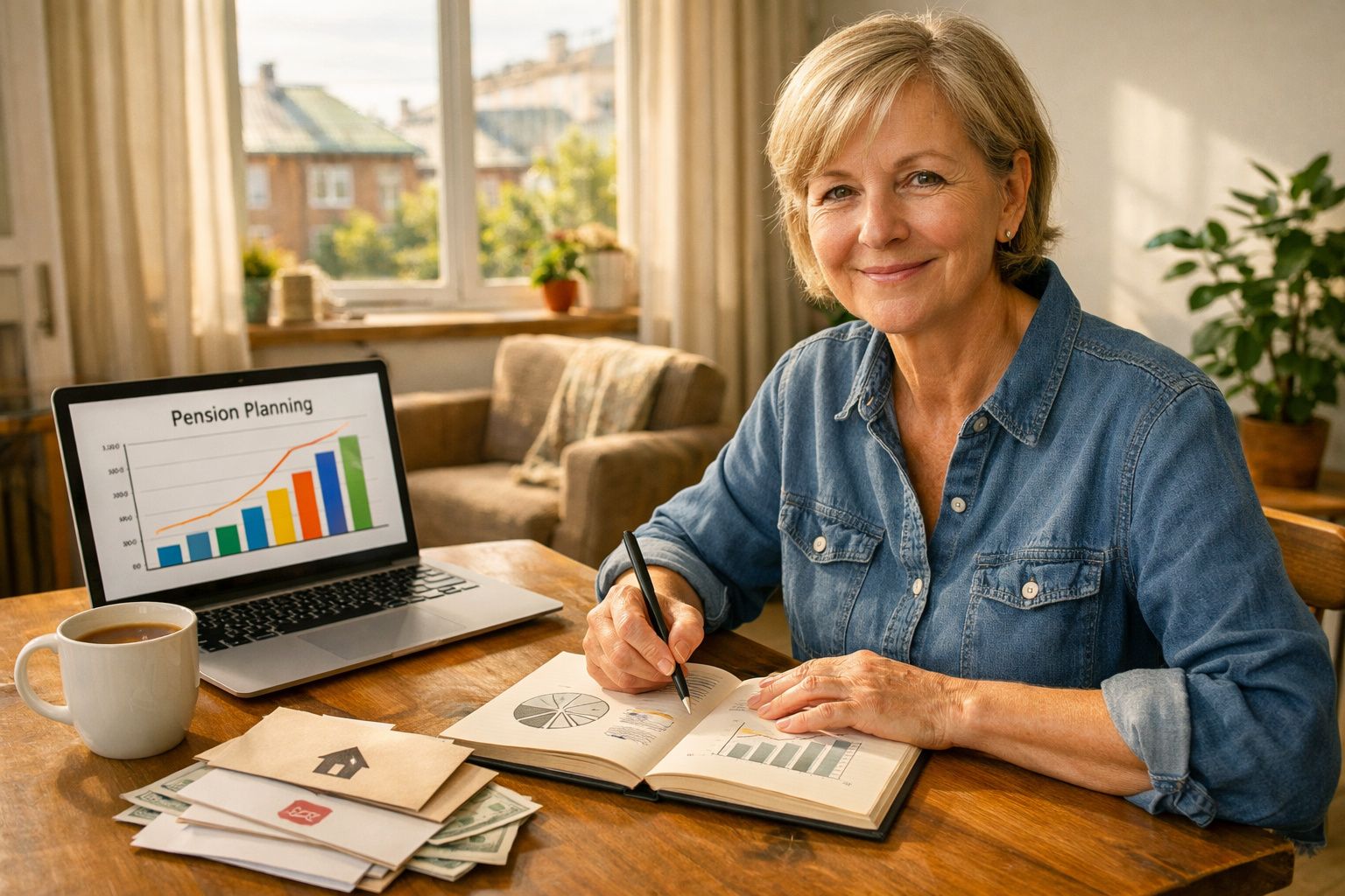 Mulher sénior a planear pensões em casa, com gráficos e laptop à frente sobre a mesa de madeira.