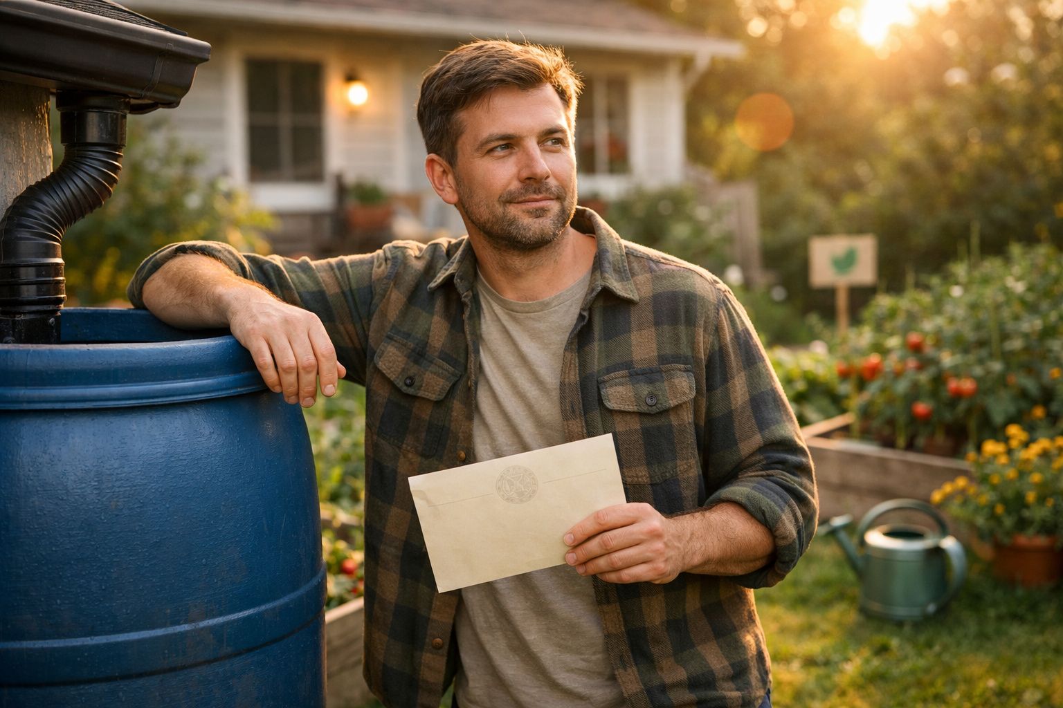 Homem segurando envelope, encostado a barril azul, em jardim com plantas e regador ao fundo, ao pôr do sol.