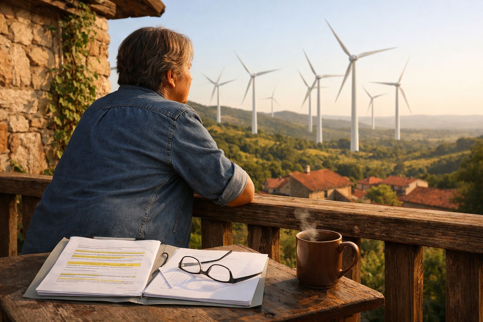 Pessoa sentada numa varanda com vista para turbinas eólicas, livros, óculos e chá quente na mesa.