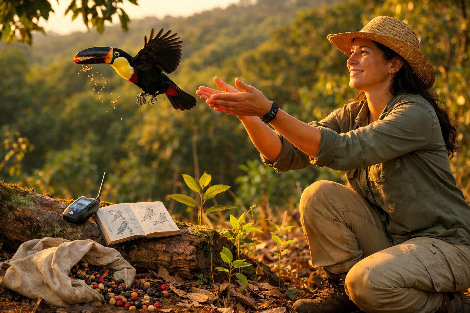 Mulher de chapéu liberta tucano ao ar livre, junto a livro aberto e rádio, numa floresta ao entardecer.
