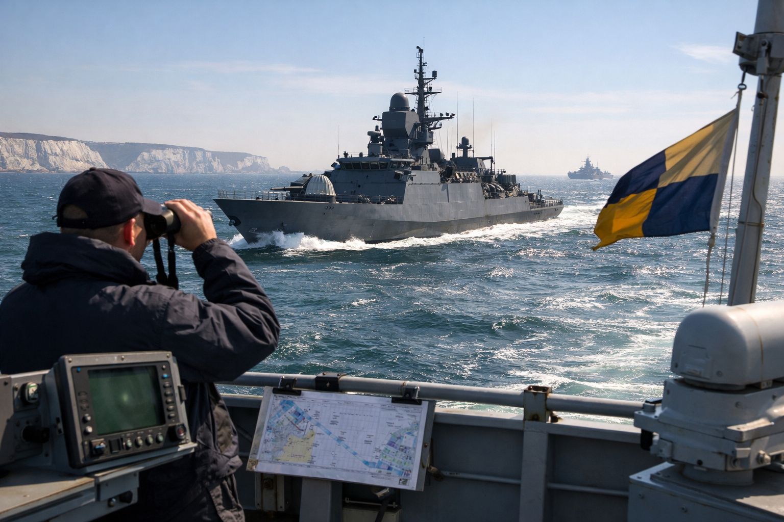 Marinheiro observa por binóculos fragata naval cinzenta em mar agitado próximo à costa rochosa.