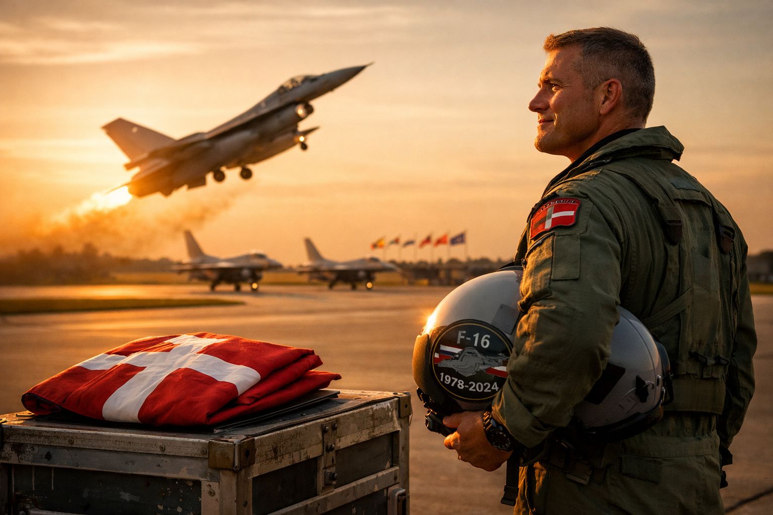 Piloto militar com capacete observa avião F-16 a descolar ao pôr do sol, com bandeira da Dinamarca em destaque.