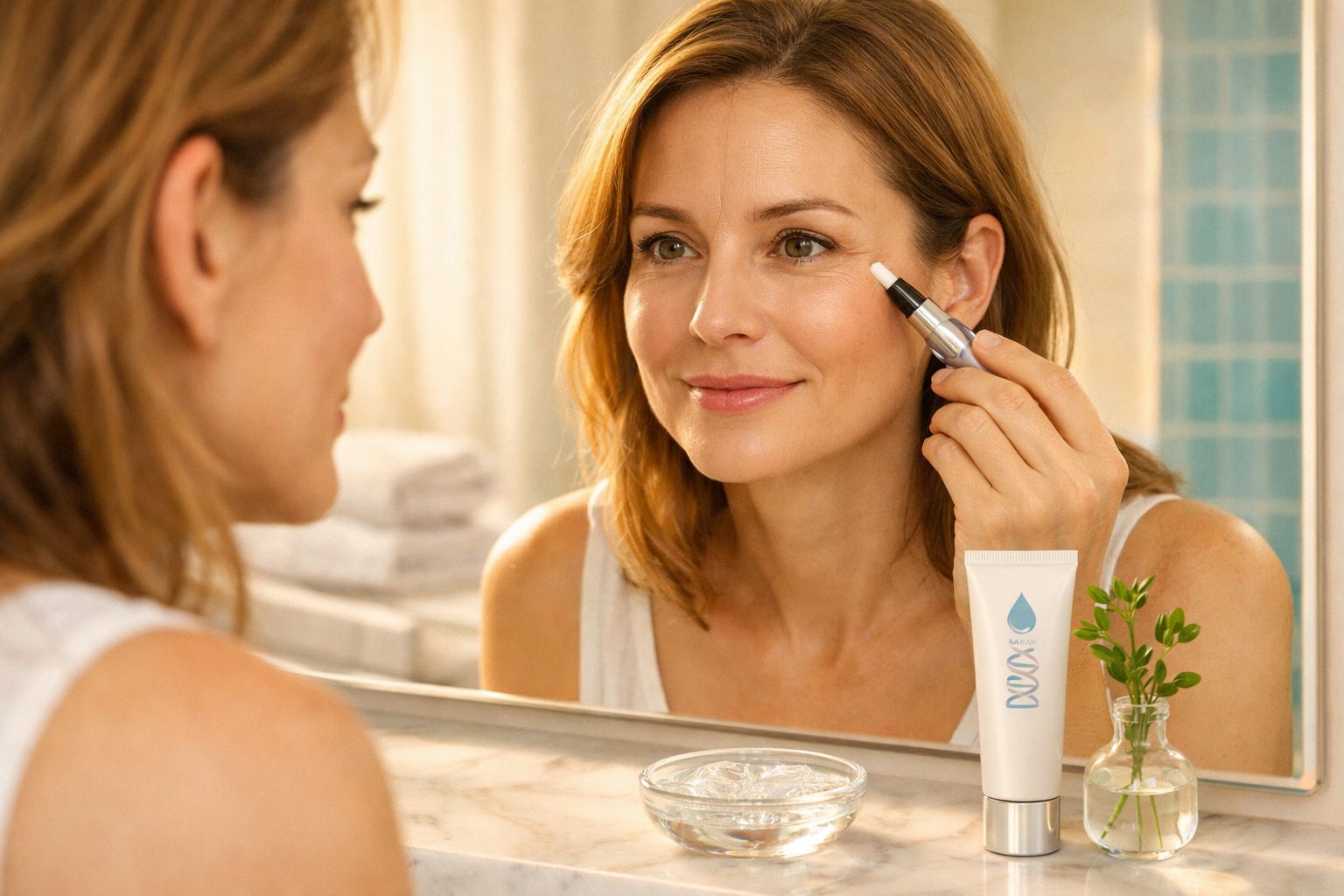 Mulher a aplicar produto de cuidado facial enquanto se olha ao espelho numa casa de banho iluminada.