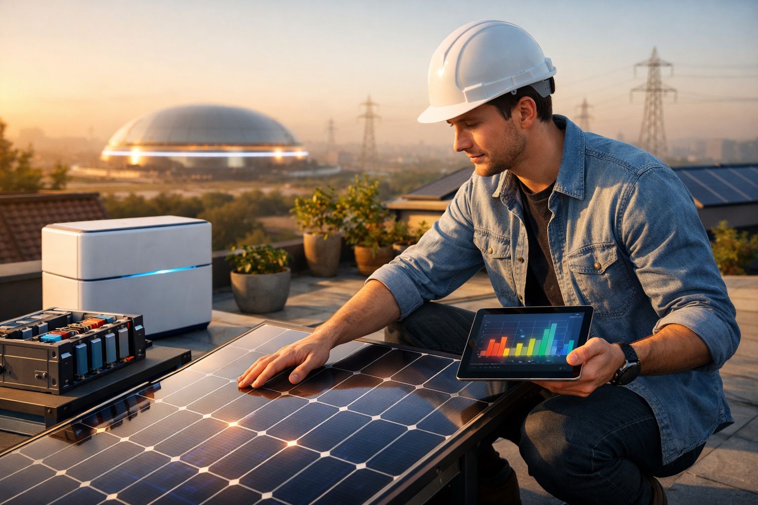 Engenheiro com capacete inspeciona painéis solares com tablet numa instalação ao ar livre ao pôr do sol.