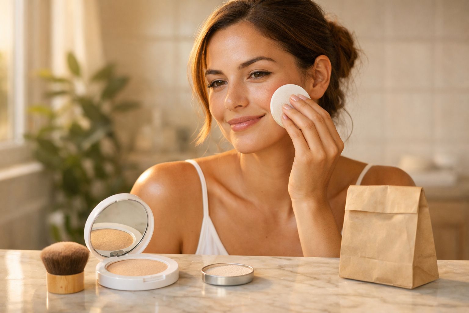 Mulher a aplicar pó facial com esponja em frente ao espelho, numa bancada com produtos de maquilhagem.