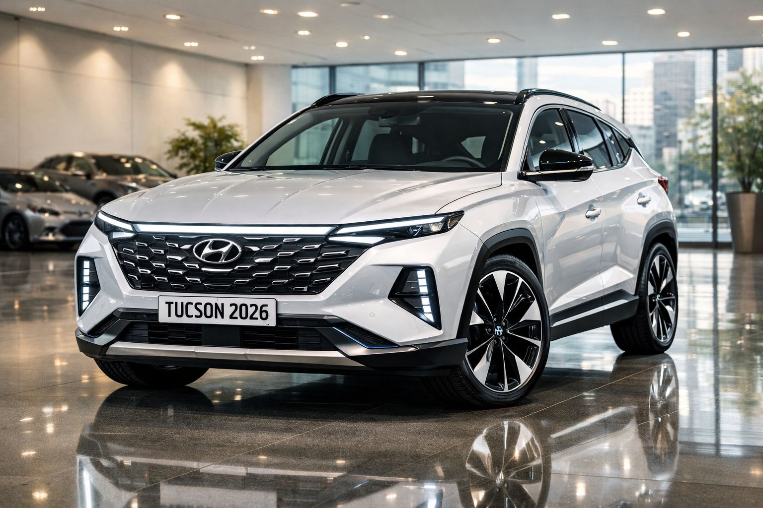 SUV Hyundai Tucson 2026 branco exposto num espaço moderno e luminoso com chão refletor.