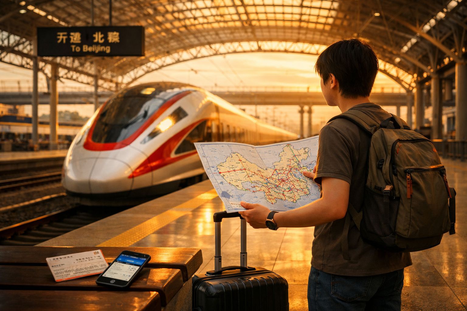 Jovem com mochila e mala consulta mapa na estação de comboios com comboio de alta velocidade ao fundo.