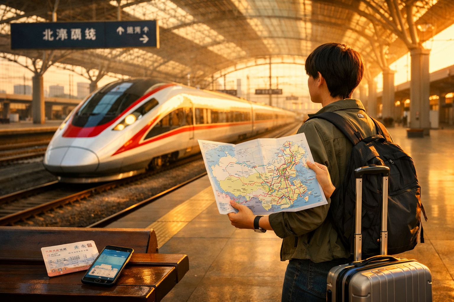 Jovem com mochila e mala consulta mapa numa estação enquanto comboio de alta velocidade chega ao cais.