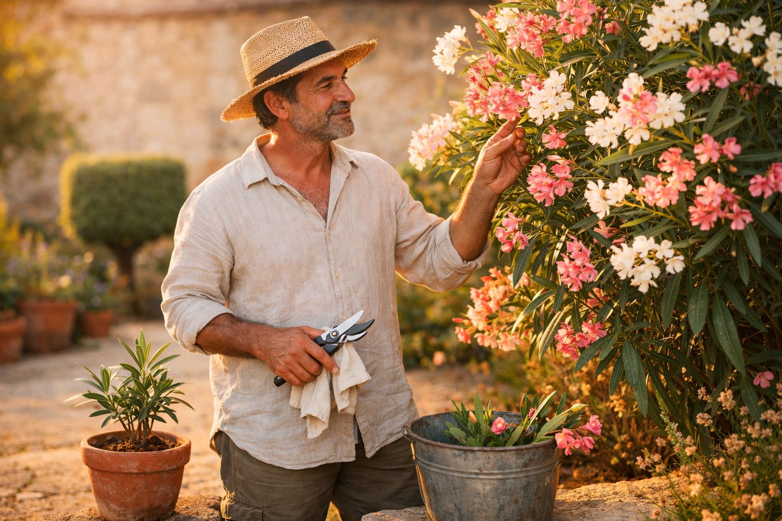 Homem com chapéu a podar e cuidar de flores cor-de-rosa e brancas num jardim ao entardecer.
