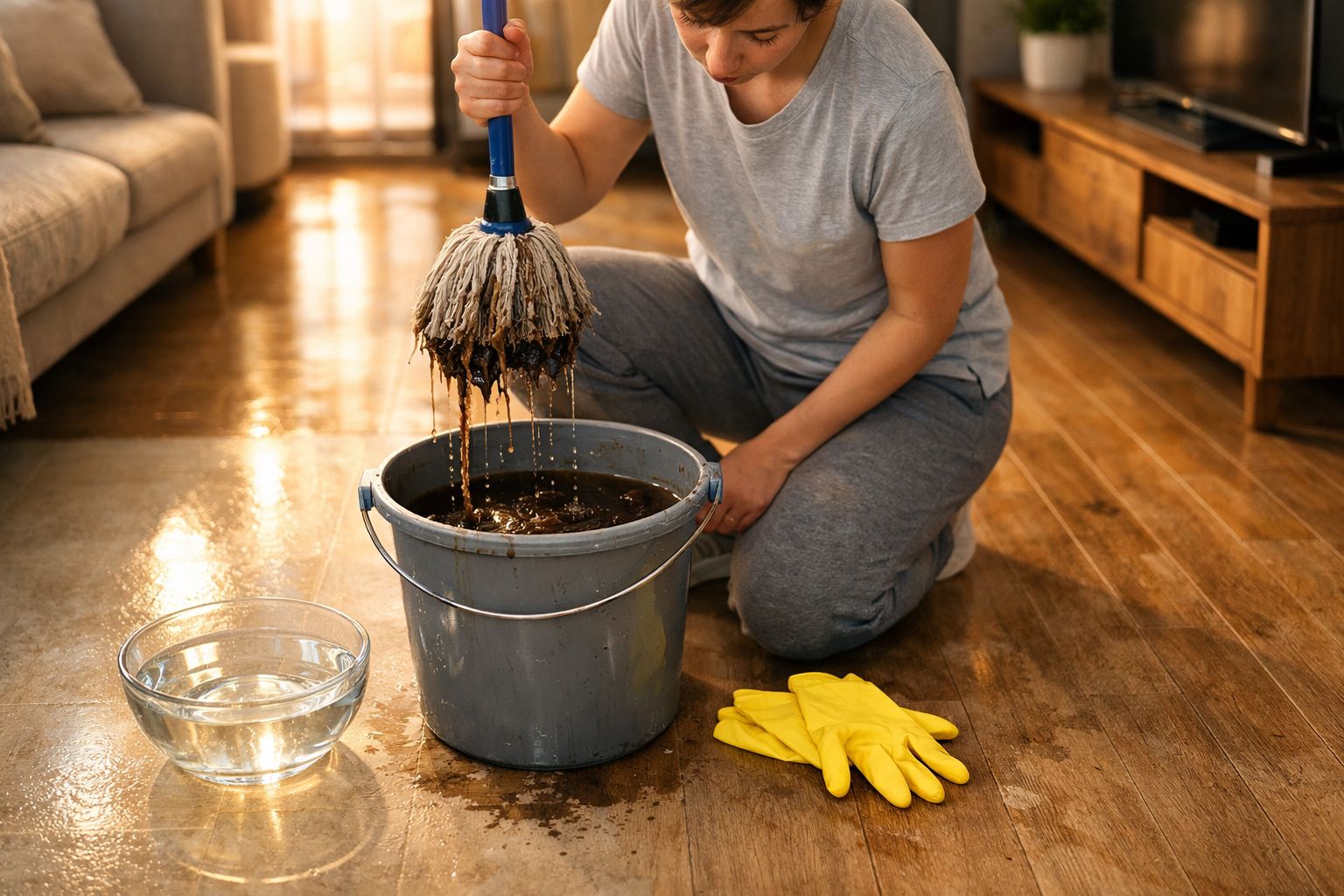 Pessoa a espremer esfregona suja num balde cinzento com água suja, ao lado de luvas amarelas e uma tigela com água limpa.